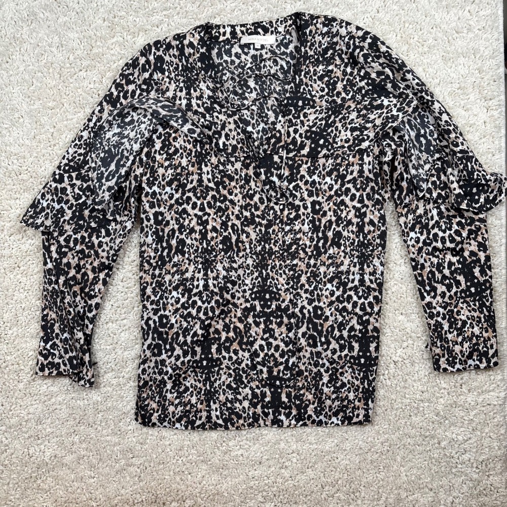 MIKA MINDEL Leopard Print Ruffle Sleeve V Neck Blouse Women's XS